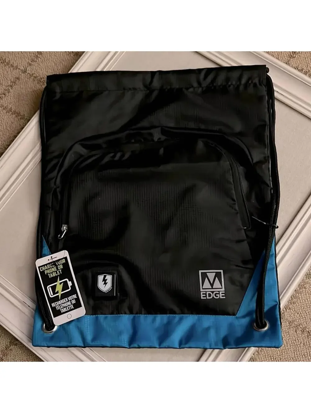 M Edge Tech Sackpack with Rechargeable portable phone battery NWT BLACK/ Blue